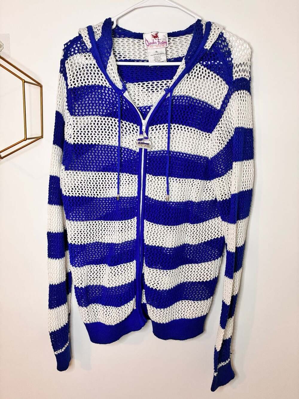 Quacker Factory Blue White Striped Open Knit Full Zip Hooded Sailboat Beaded Zip